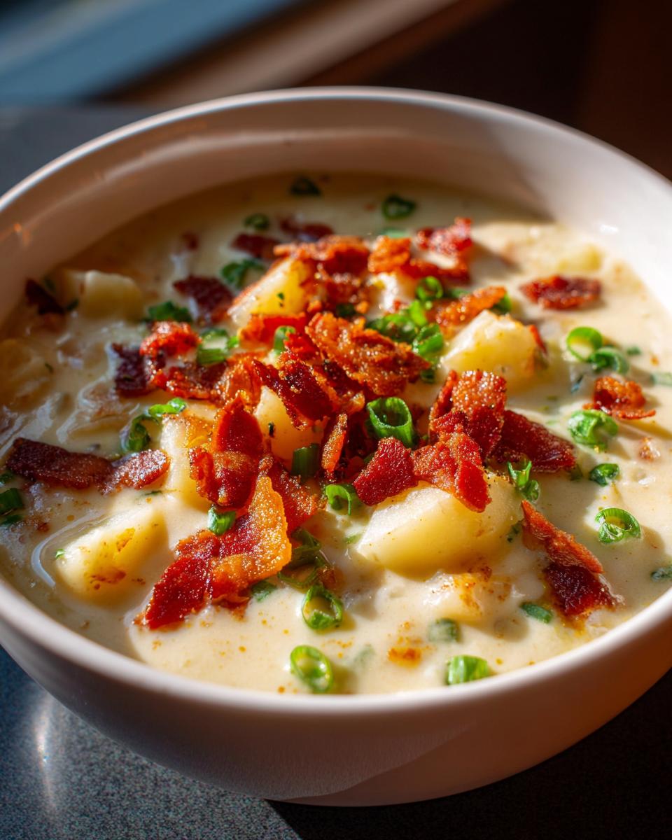 Close-up of a bowl of creamy potato soup recipe, loaded with chunks of potato, crispy bacon bits, and fresh green chives.