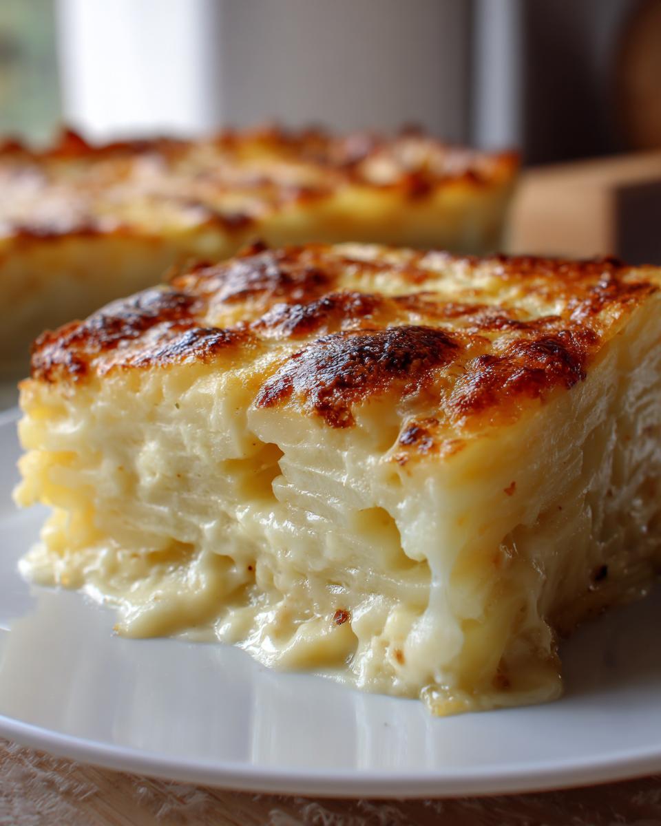Close-up of a serving of creamy potatoes au gratin with perfectly browned, cheesy top layer.