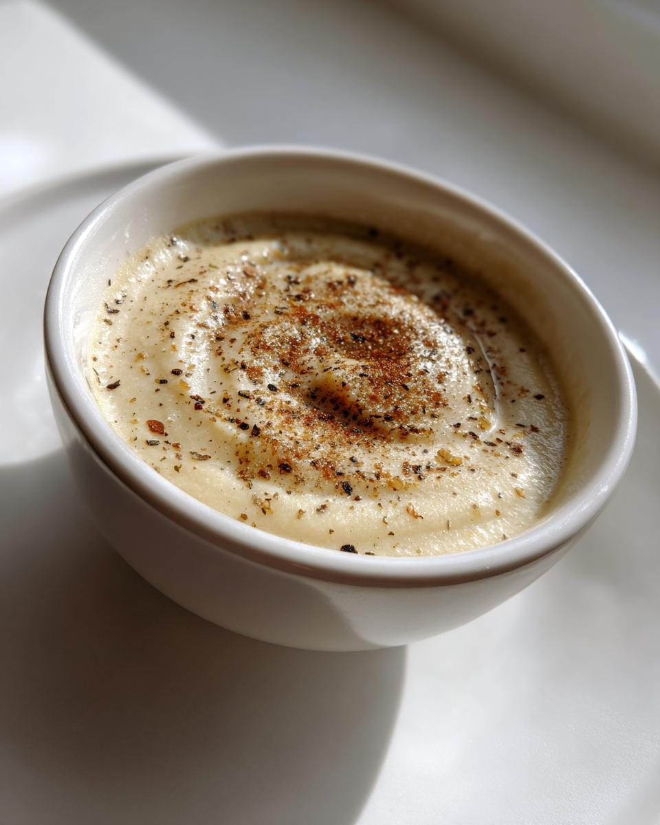 Close-up of creamy roasted cauliflower soup garnished with black pepper and spices in a white bowl.