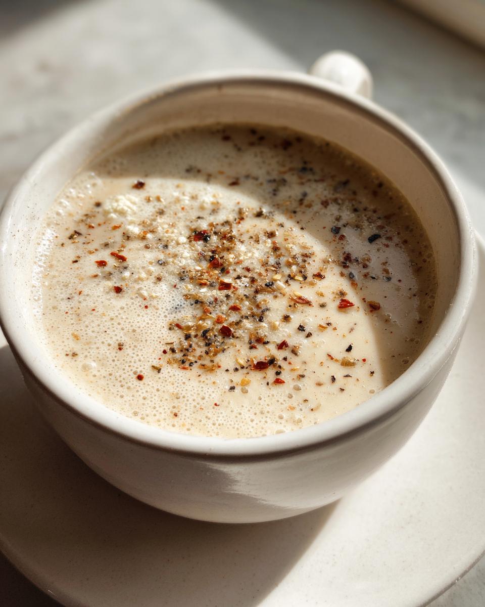Close-up of creamy roasted cauliflower soup topped with cracked pepper and chili flakes in a white mug.