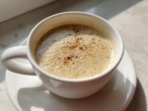 A close-up of creamy roasted cauliflower soup, garnished with spices, served in a white mug.