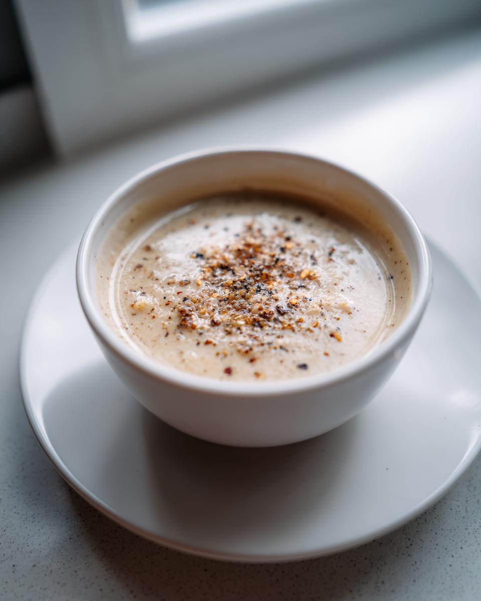 Close-up of a bowl of creamy roasted cauliflower soup garnished heavily with cracked black pepper.