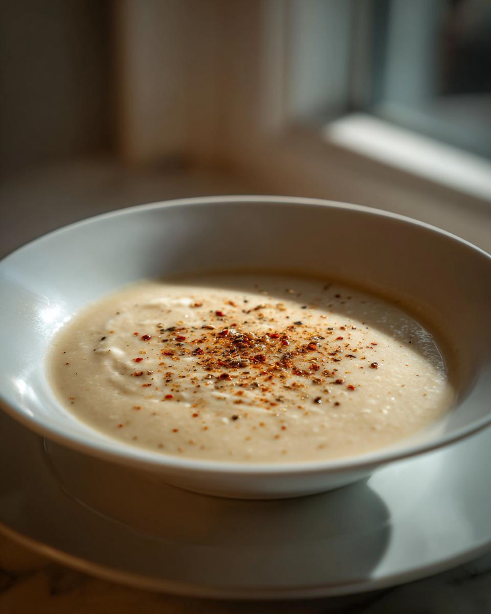 A creamy bowl of roasted cauliflower soup, garnished with cracked black pepper and red pepper flakes.