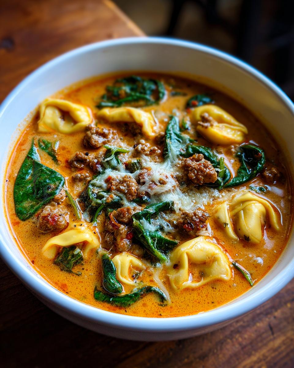 Close-up of a bowl of creamy sausage tortellini soup with spinach and melted cheese topping.