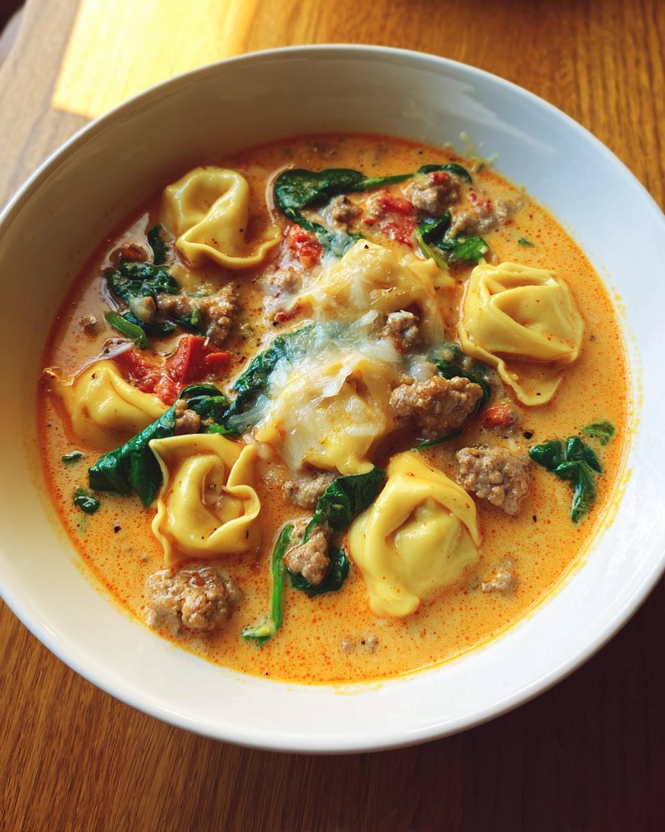 Close-up of a bowl of rich, creamy sausage tortellini soup with spinach and melted cheese.