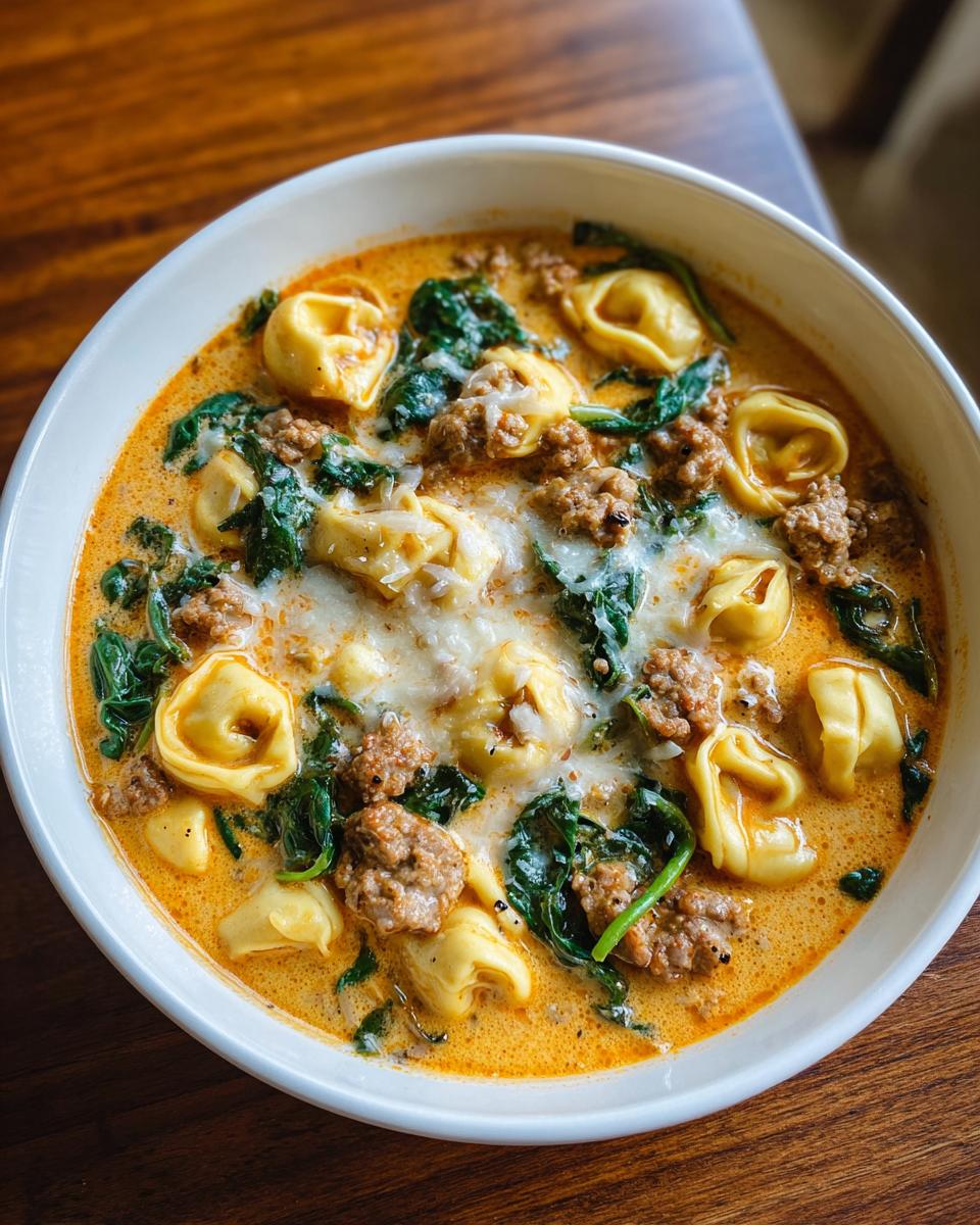 A close-up of a bowl of creamy sausage tortellini soup with spinach and melted cheese.