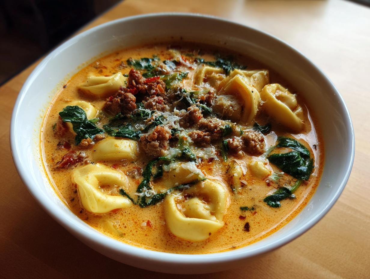 A close-up shot of a hearty bowl of creamy sausage tortellini soup, featuring tortellini pasta, crumbled sausage, and spinach.