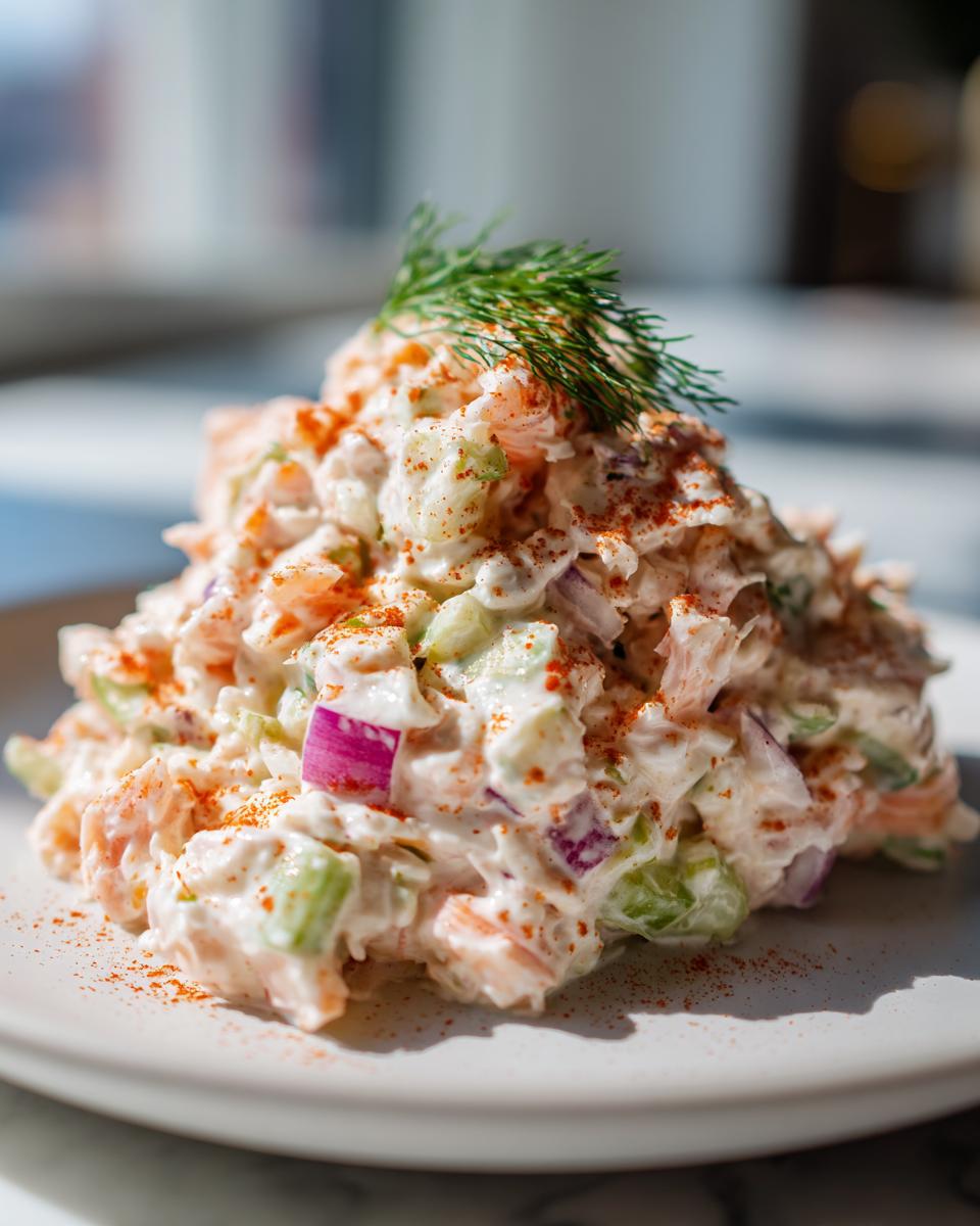 A mound of creamy seafood salad mixed with celery and red onion, topped with paprika and fresh dill.