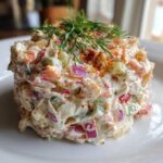 A mound of creamy seafood salad featuring chunks of seafood, red onion, and celery, topped with fresh dill.