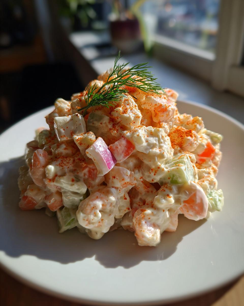 A mound of creamy seafood salad with shrimp, celery, and red onion, topped with paprika and fresh dill.
