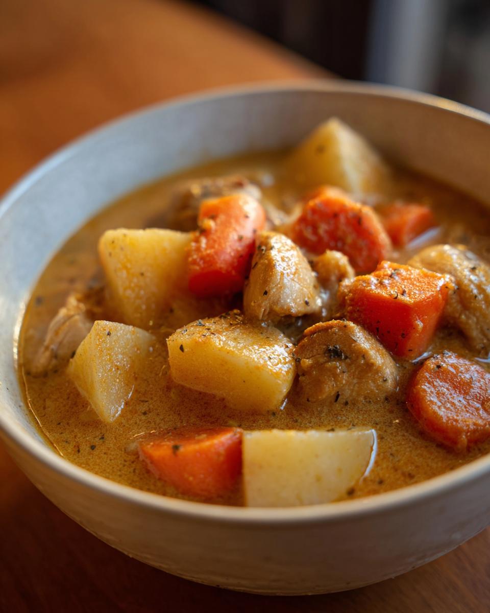 Close-up of a hearty bowl of slow cooker chicken stew featuring chunks of chicken, potatoes, and bright orange carrots in a savory broth.