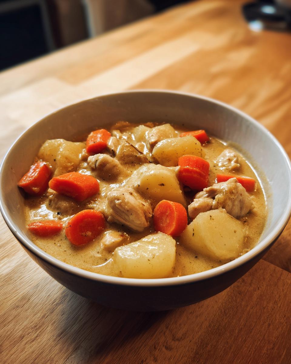 A close-up of a bowl filled with creamy slow cooker chicken stew featuring chunks of chicken, potatoes, and bright orange carrots.