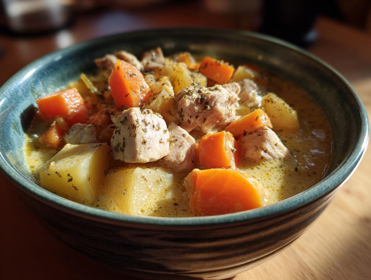 Close-up of a bowl filled with creamy slow cooker chicken stew featuring chunks of chicken, potatoes, and bright orange carrots.