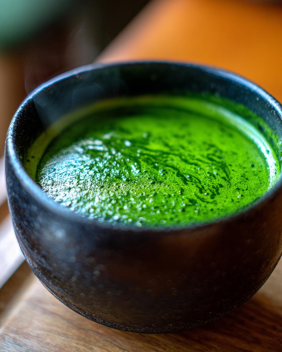 Close-up of a dark bowl filled with vibrant, creamy spinach soup, showing steam rising.