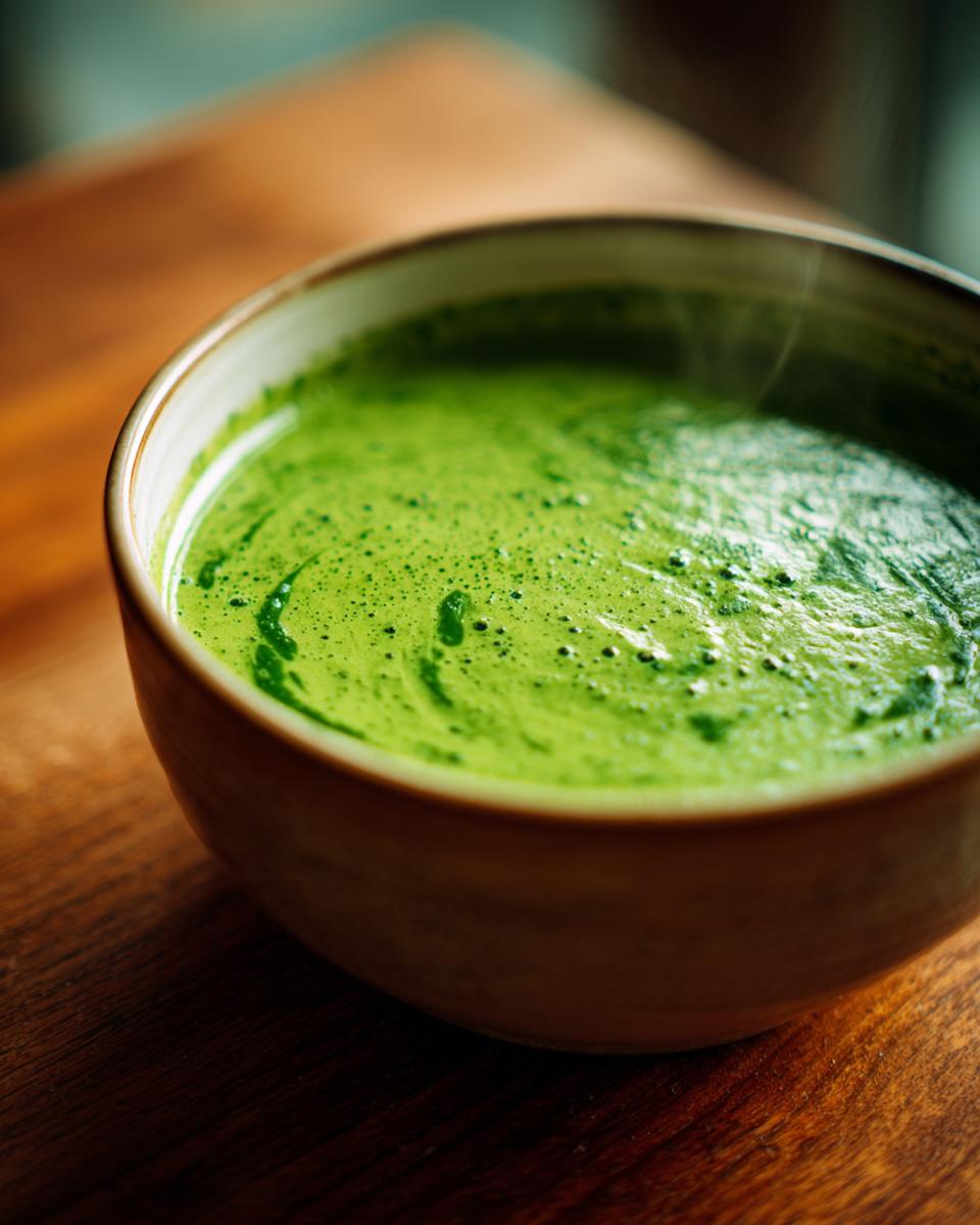 Close-up of a steaming bowl of vibrant green, creamy spinach soup resting on a dark wooden surface.