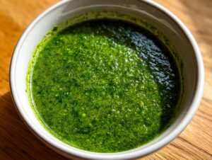 Close-up of a bowl filled with vibrant, creamy spinach soup, showing its rich green color and texture.