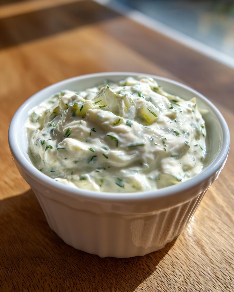 Close-up of creamy, chunky tartar sauce recipe with visible pickle relish and herbs in a white bowl.