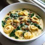 A close-up of a white bowl filled with creamy tortellini soup, featuring cheese tortellini, crumbled sausage, and wilted spinach.