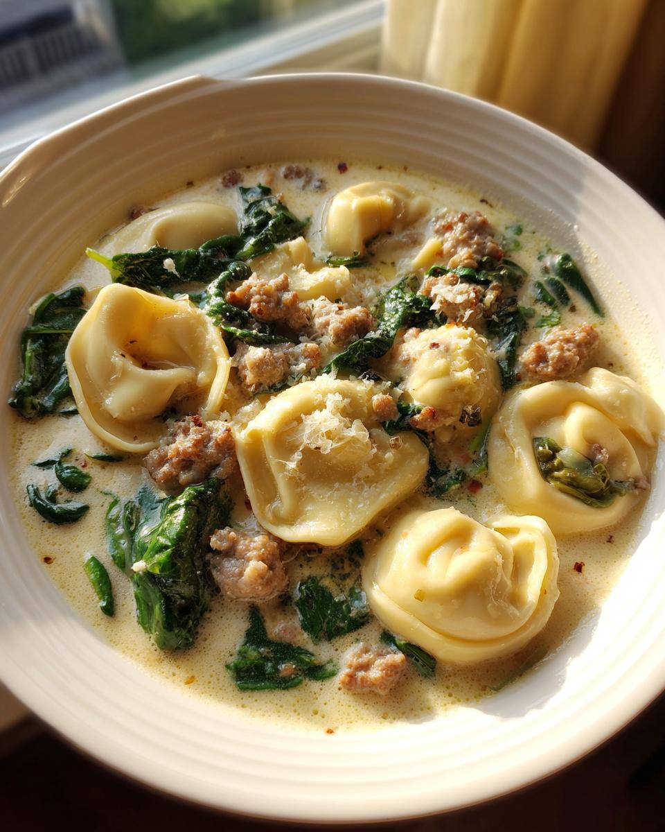 A close-up bowl of creamy tortellini soup featuring cheese tortellini, crumbled sausage, and wilted spinach.