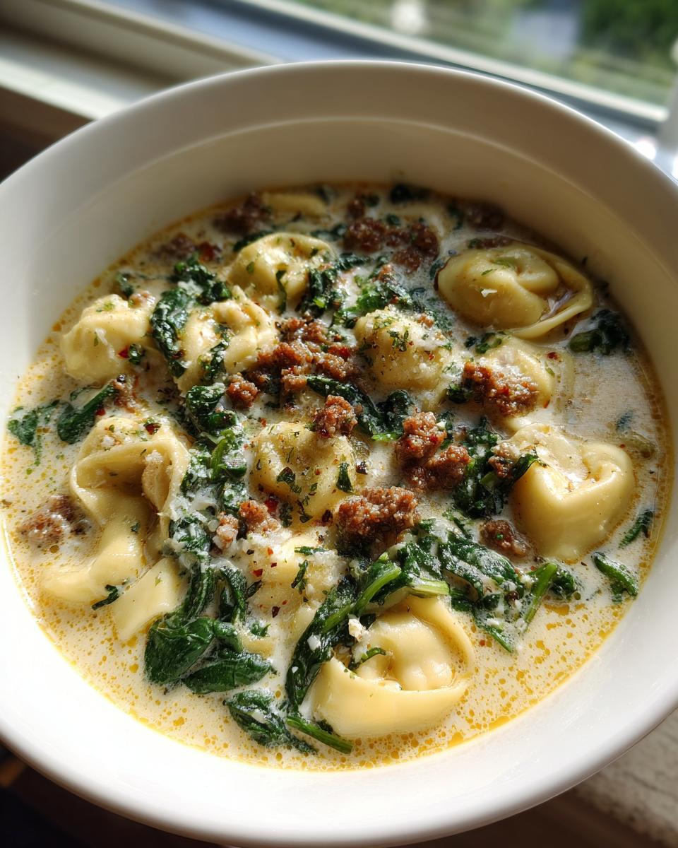 Close-up of a white bowl filled with creamy tortellini soup, featuring cheese tortellini, crumbled sausage, and wilted spinach.