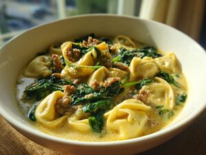 Close-up of a bowl of creamy tortellini soup featuring cheese tortellini, ground sausage, and wilted spinach.