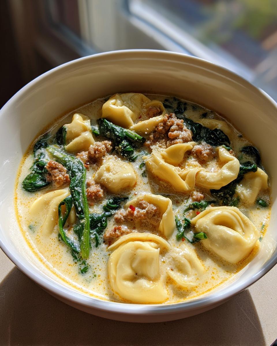 Close-up of a white bowl filled with creamy tortellini soup featuring cheese tortellini, crumbled sausage, and wilted spinach.
