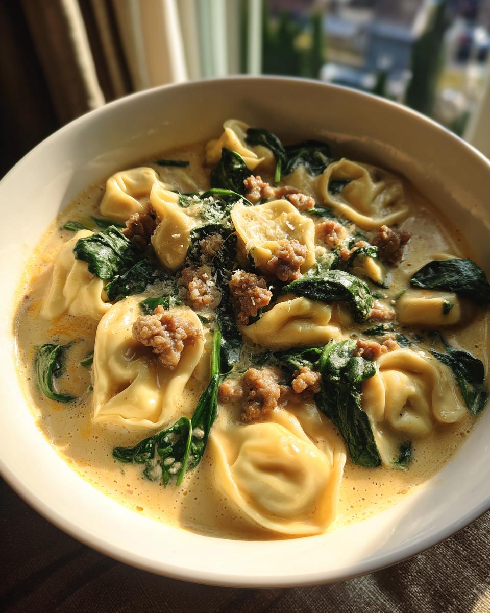 Close-up of a bowl of creamy tortellini soup filled with cheese tortellini, crumbled sausage, and wilted spinach.