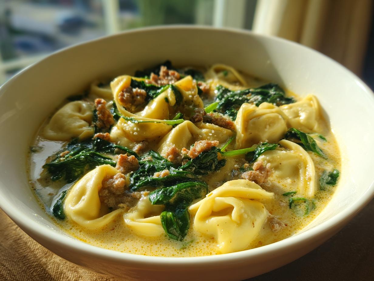 Close-up of a bowl of creamy tortellini soup featuring cheese tortellini, ground sausage, and wilted spinach.