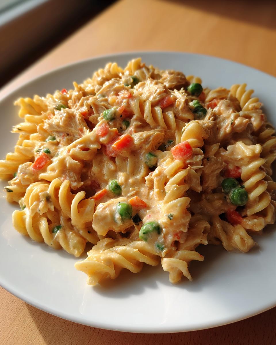 Close-up of creamy tuna pasta made with fusilli, peas, and diced carrots served on a white plate.