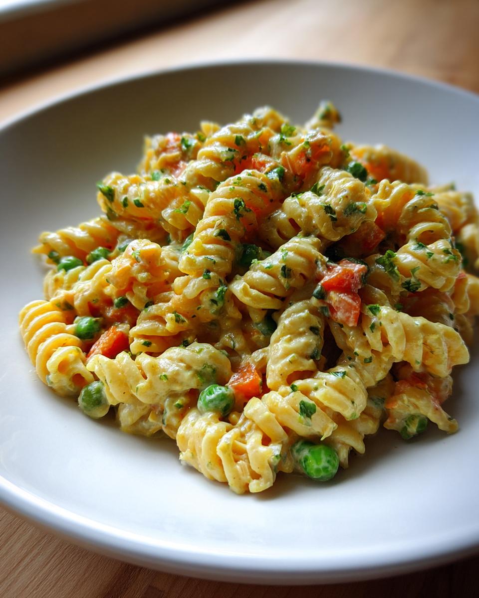 A close-up of creamy tuna pasta made with fusilli, bright green peas, and diced carrots, garnished with parsley.