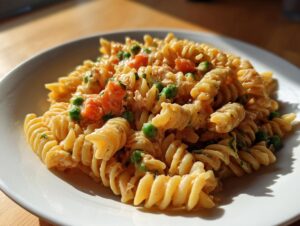 A close-up of creamy tuna pasta made with fusilli, bright green peas, and orange carrot chunks on a white plate.
