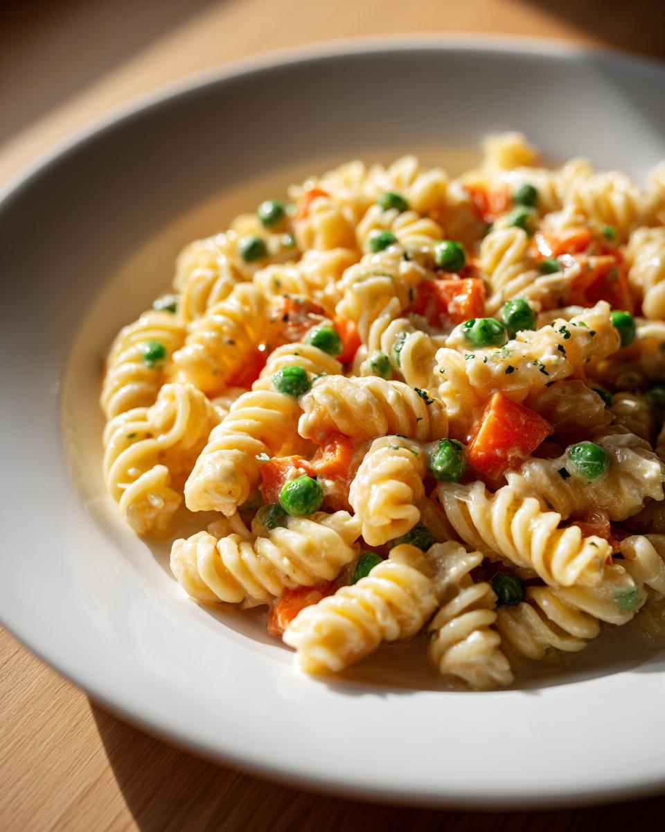 Close-up of creamy tuna pasta made with rotini, bright green peas, and diced carrots, served on a white plate.