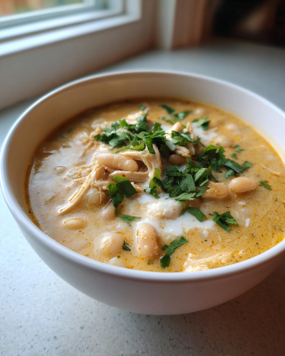 Close-up of a creamy white chicken chili bowl topped with shredded chicken, white beans, sour cream, and fresh cilantro.