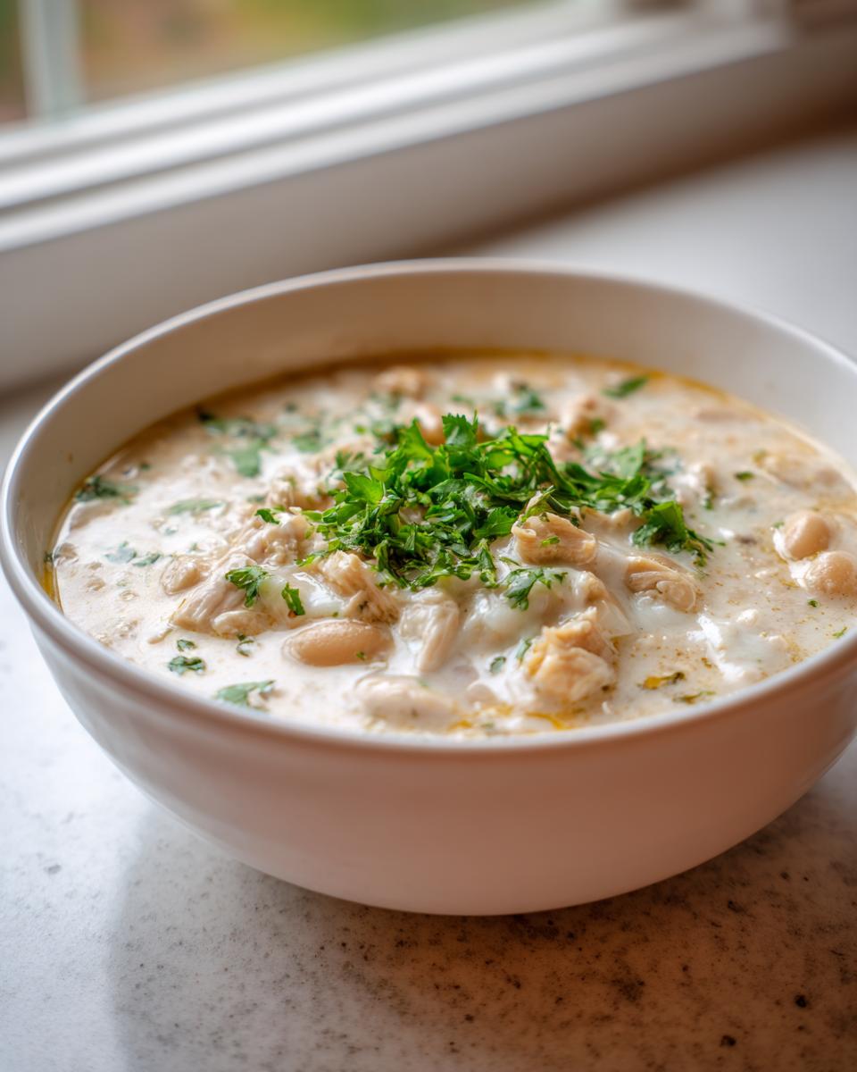 A close-up of a creamy white chicken chili, featuring shredded chicken and white beans, topped with fresh parsley.