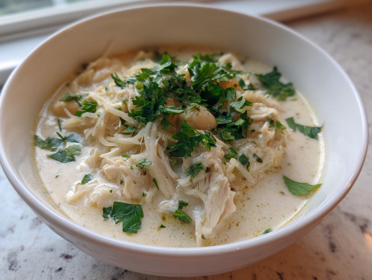 A close-up of a creamy white chicken chili topped with shredded cheese and fresh parsley.