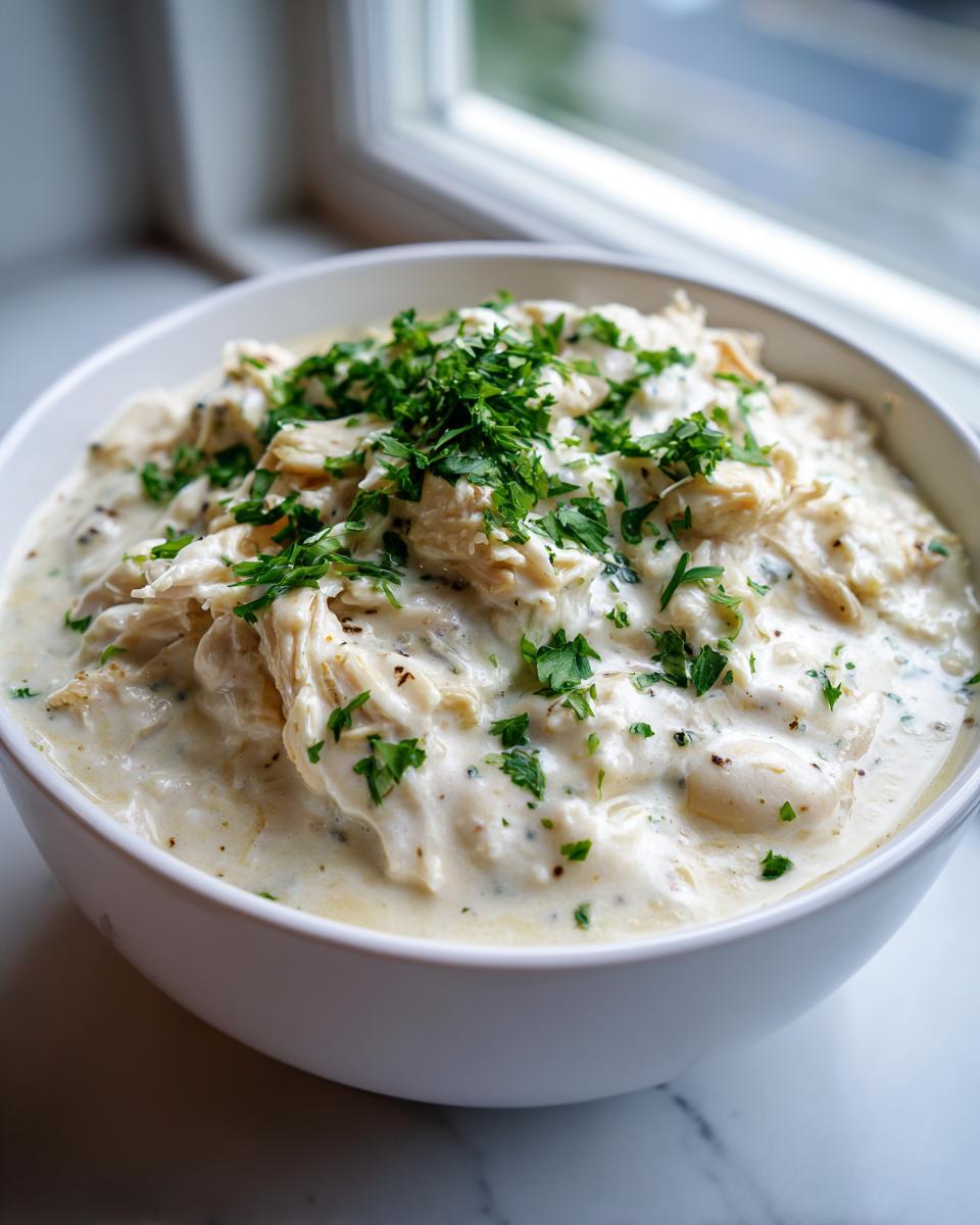 A close-up of creamy white chicken chili topped with fresh parsley in a white bowl.