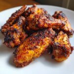 Close-up of several seasoned and perfectly crispy air fryer chicken wings piled on a white plate.
