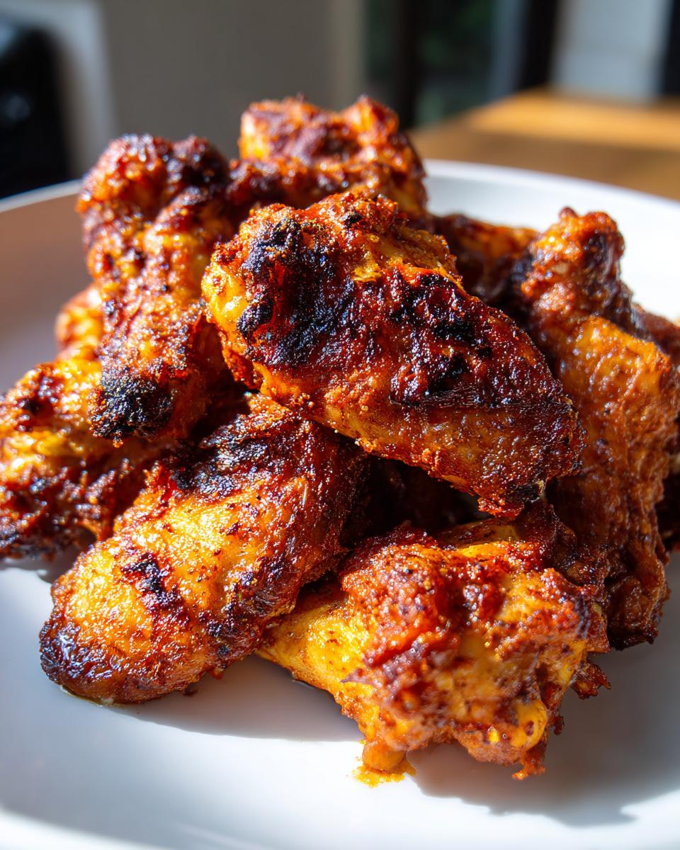 Close-up of a pile of heavily seasoned, crispy air fryer chicken wings with charred edges on a white plate.