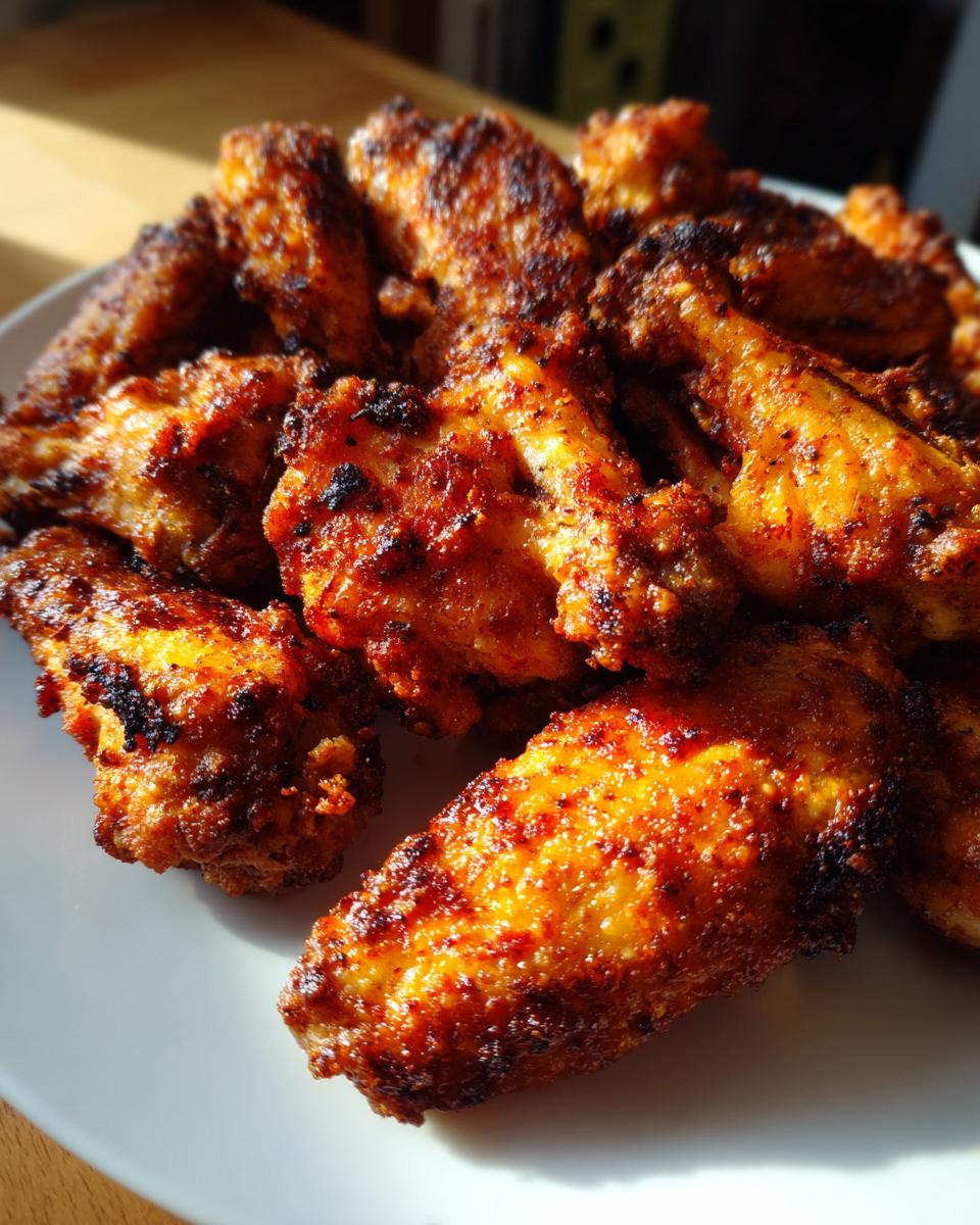 A close-up pile of golden brown, seasoned, and crispy air fryer chicken wings served on a white plate.