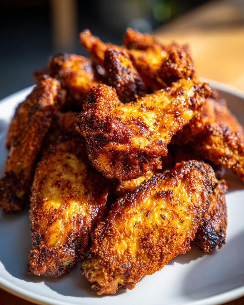 Close-up of golden brown, seasoned, crispy air fryer chicken wings piled high on a white plate.