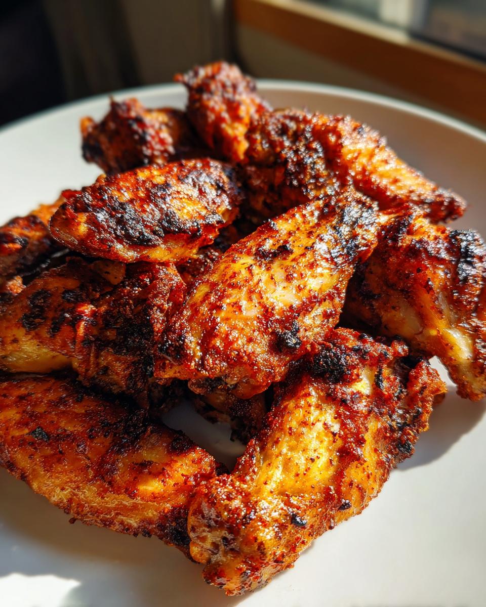 A close-up of perfectly seasoned and crispy air fryer chicken wings piled on a white plate.