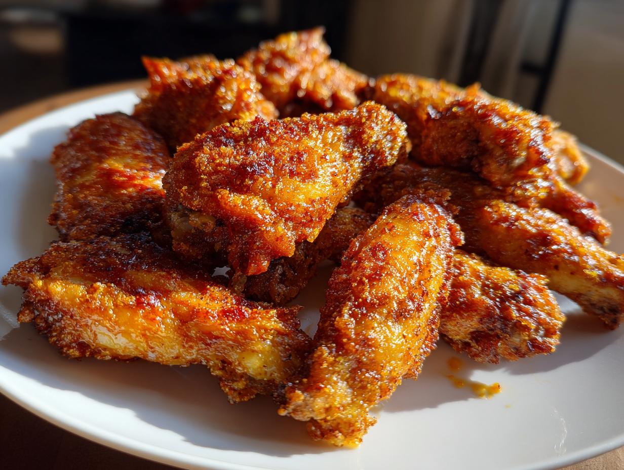 A close-up of several golden brown, crispy air fryer chicken wings piled on a white plate.