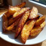 A close-up of perfectly crispy, golden brown air fryer potato wedges piled high on a white plate.
