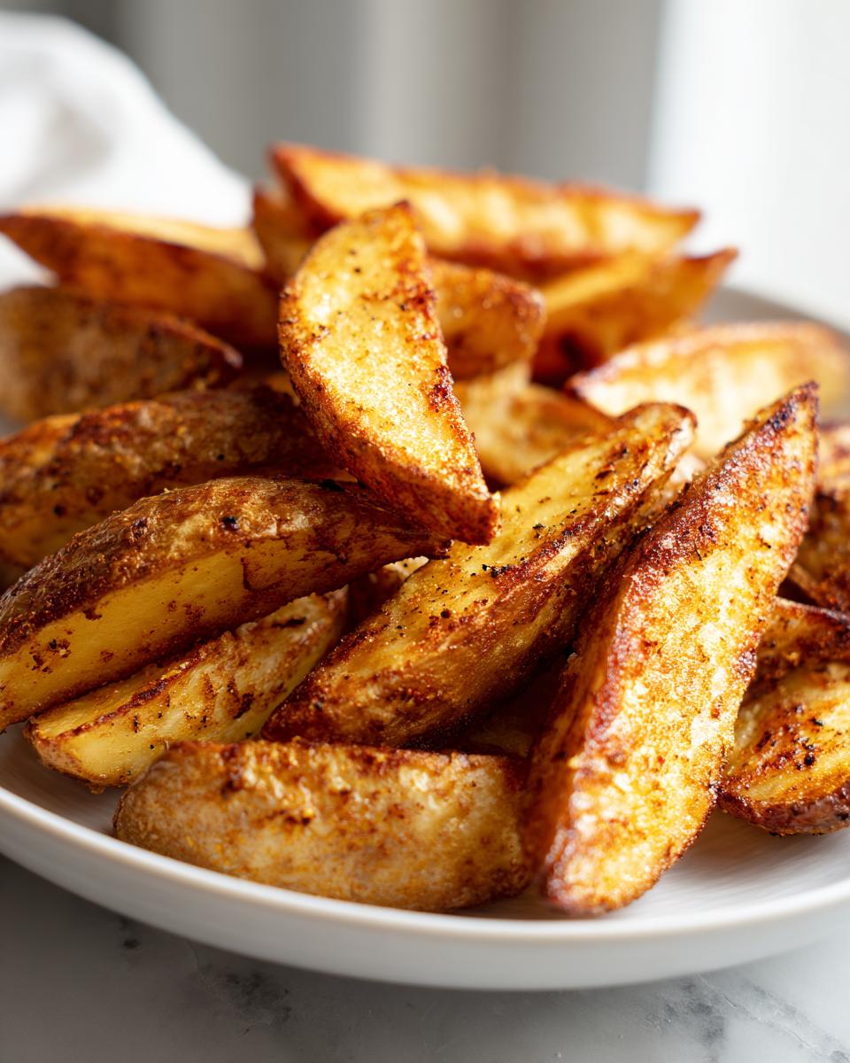A close-up of perfectly seasoned and crispy air fryer potato wedges piled high in a white bowl.