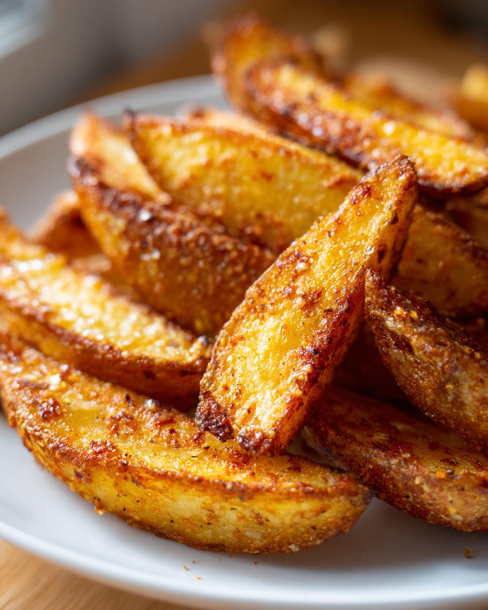 Close-up of perfectly seasoned and crispy air fryer potato wedges piled high on a white plate.