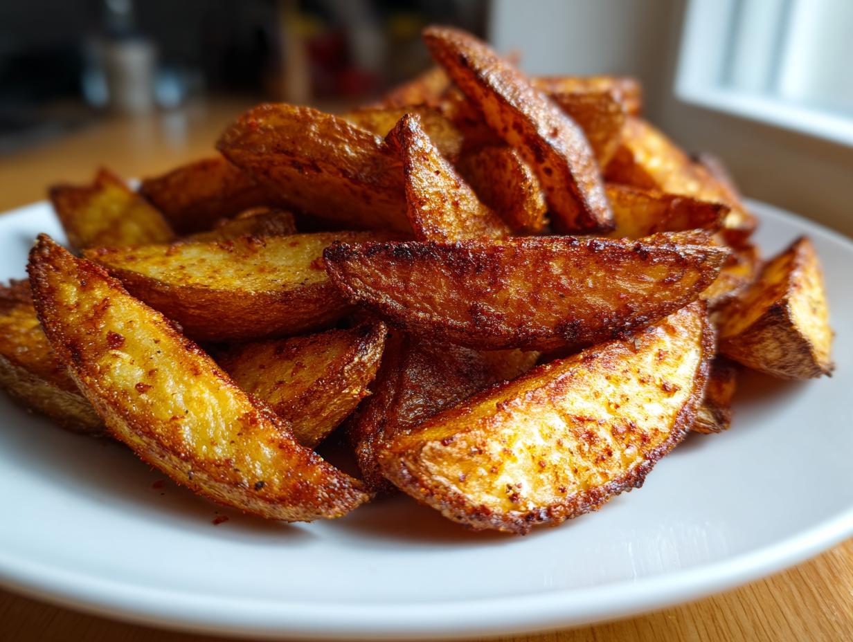 A close-up shot of a pile of perfectly cooked, crispy air fryer potato wedges seasoned with spices.