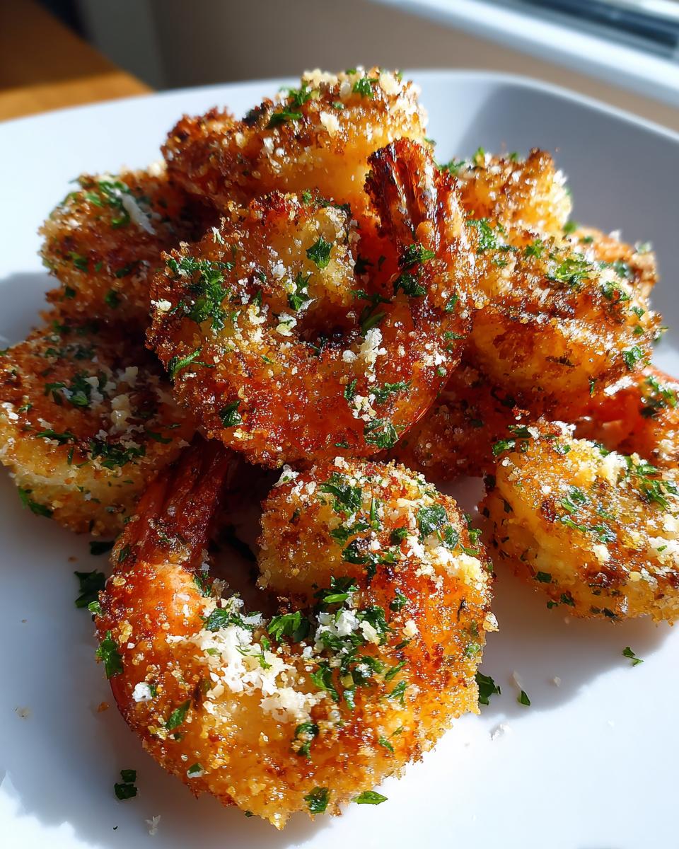 A close-up of golden brown, crispy air fryer shrimp piled on a white plate, topped with parsley and Parmesan.