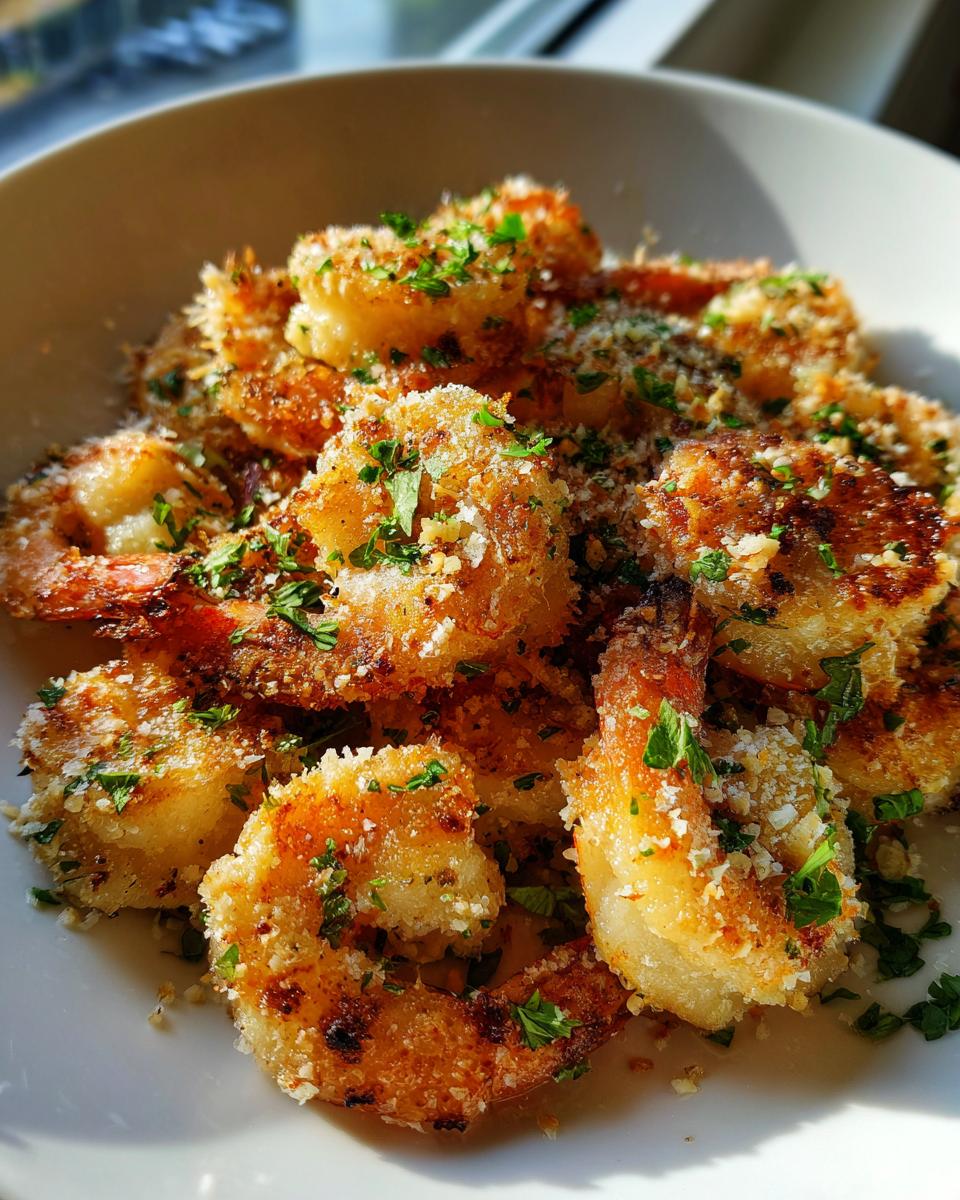 Close-up of golden, crispy air fryer shrimp coated in breading and topped with fresh parsley.