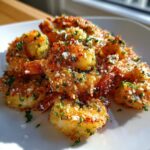 Close-up of golden, crispy air fryer shrimp seasoned with herbs and grated cheese on a white plate.