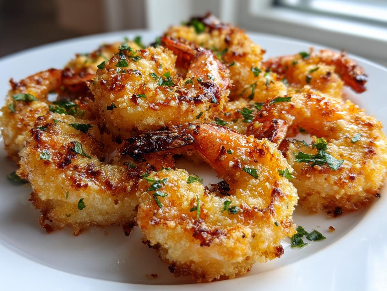 Close-up of golden, crispy breaded air fryer shrimp garnished with fresh parsley on a white plate.
